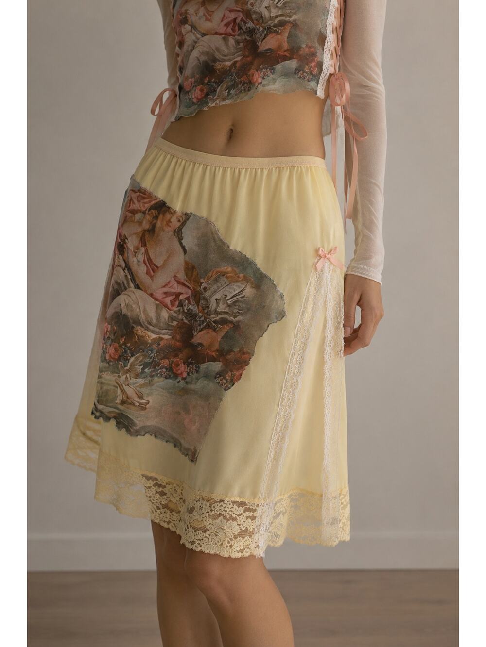 Upcycled Vintage Vanity Fair Fairycore Lace Slip Skirt Coquette Rococo Yellow